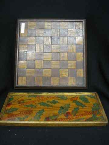 Appraisal: Antique Wooden Game Board together with early Christmas plaque board