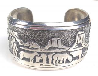 Appraisal: Sterling bangle Navajo with landscape scene signed Thomas Singer Sterling