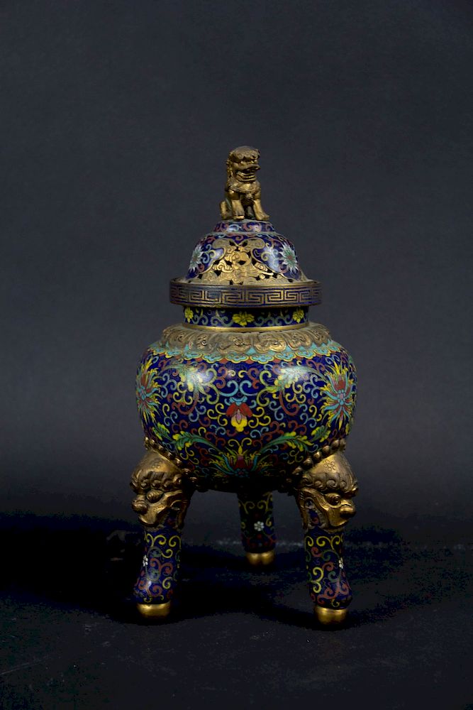 Appraisal: Cloisonne Tripod Censer Chinese Enameled in deep blue ground with