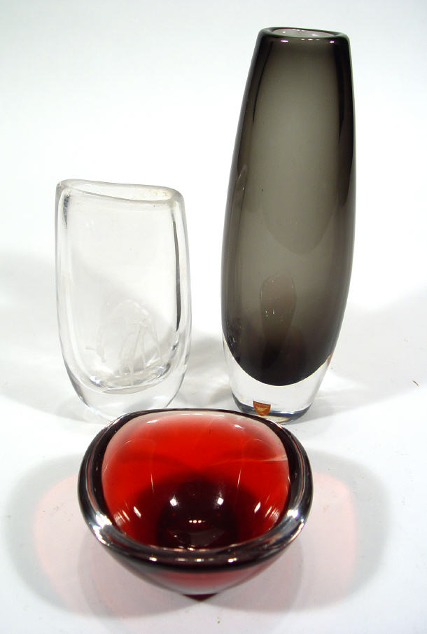 Appraisal: Two Orrefors glass vases and a red glass bowl one