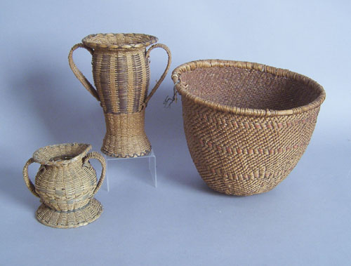 Appraisal: Apache gathering basket x together with two Mic-Mac flower vase