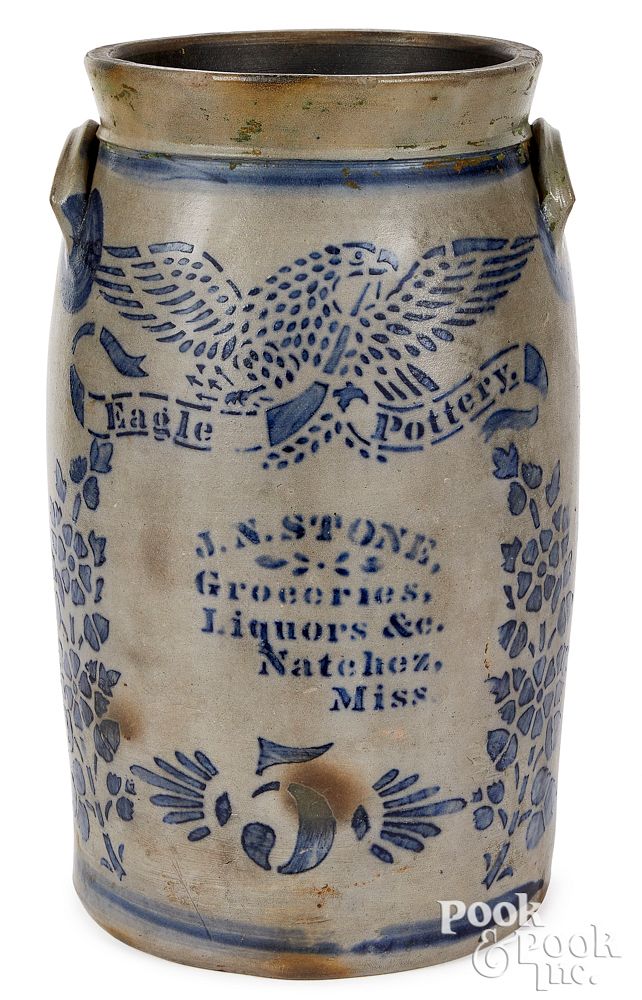 Appraisal: Greensboro PA stoneware merchant crock Miss Greensboro Pennsylvania five-gallon stoneware