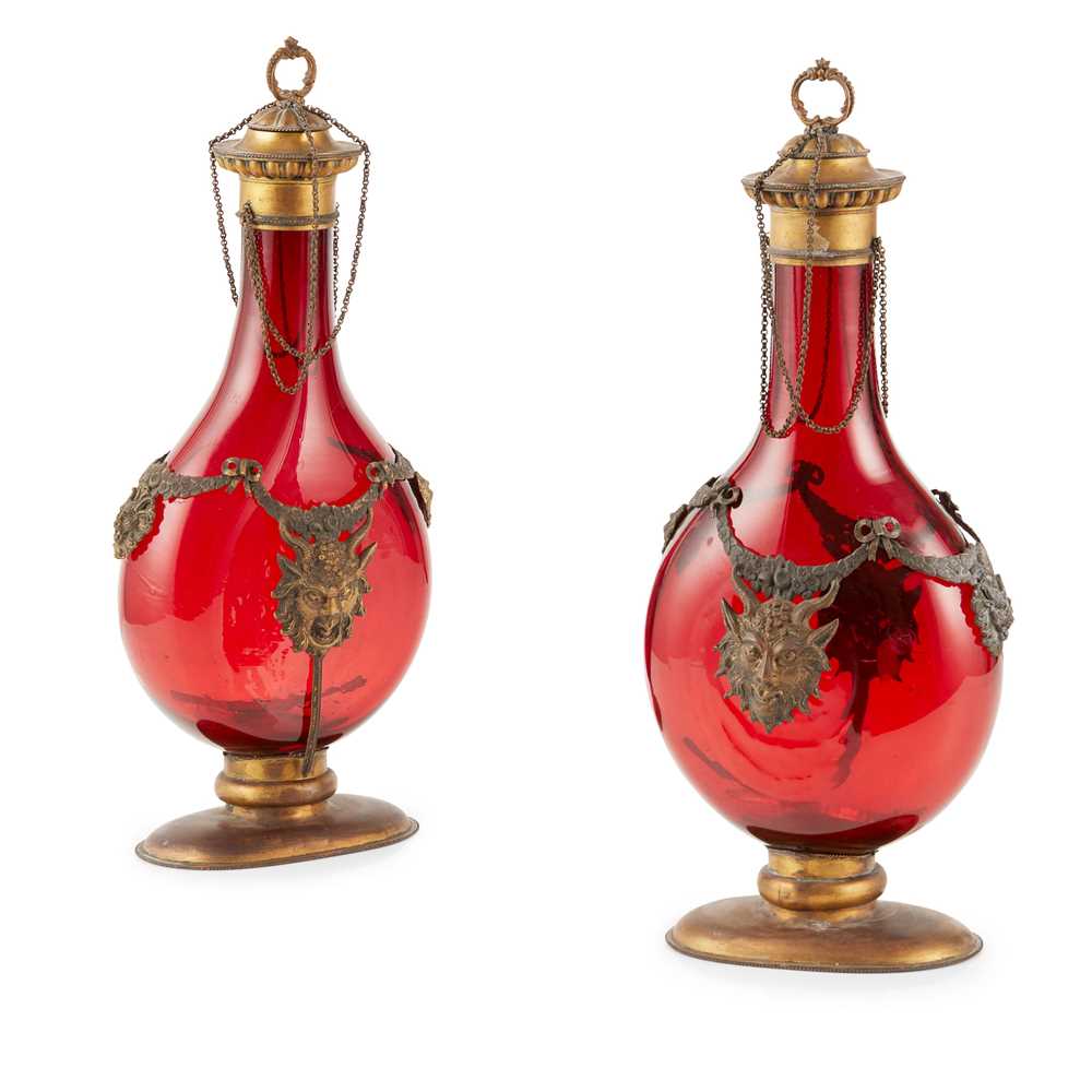 Appraisal: PAIR OF GERMAN RUBY GLASS GILT METAL MOUNTED PILGRIM FLASKS