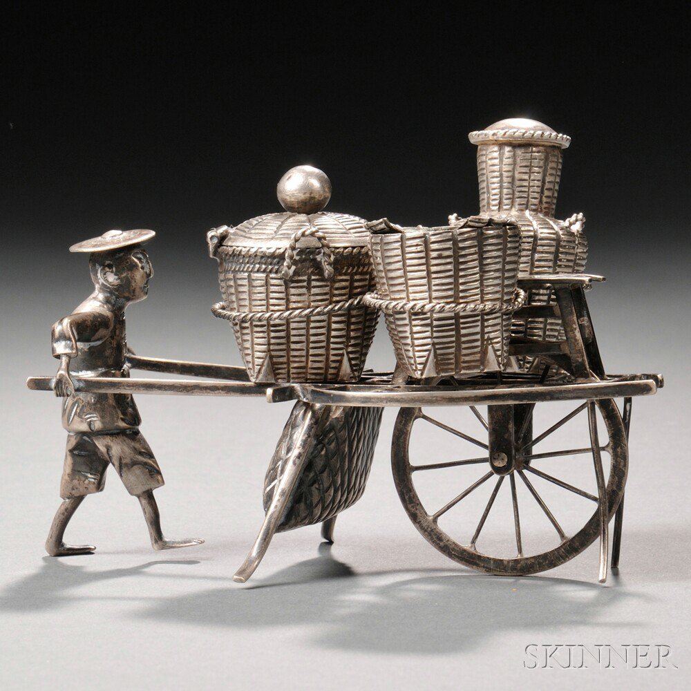 Appraisal: Silver Wheelbarrow Cruet Set China early th century the mustard