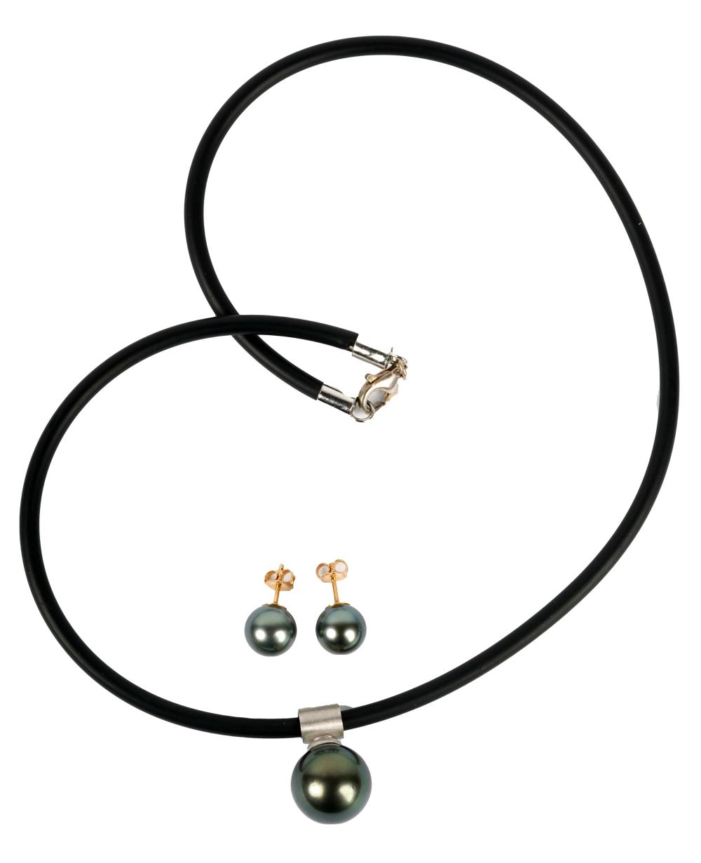 Appraisal: CULTURED BLACK PEARL NECKLACE EARRINGScomprising a stainless steel and rubber