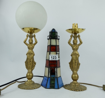 Appraisal: Pair of decorative brass lights and leaded light in shape