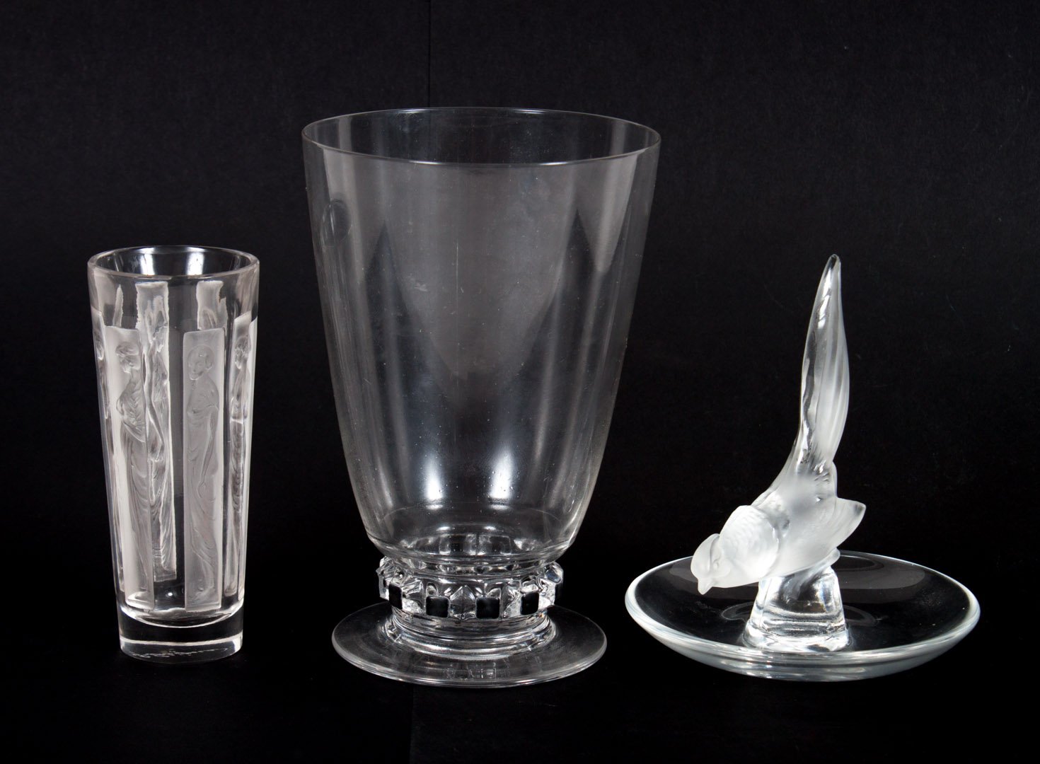 Appraisal: Three Lalique partially frosted crystal articles including water glass pheasant