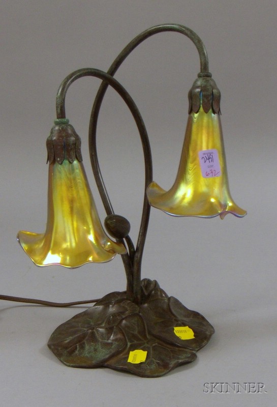 Appraisal: American Deluxe Tiffany-style Bronze-patinated Lotus Lily Figural Table Lamp with