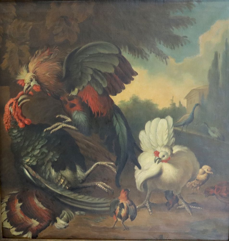 Appraisal: UNSIGNED Oil On Canvas Fighting Hens Aparantly unsigned and from