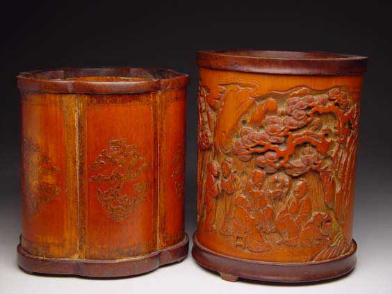 Appraisal: TWO BAMBOO BRUSHPOTS Two Chinese carved bamboo brushpots large with