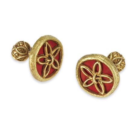 Appraisal: Pair of Gold and Red Enamel Cufflinks Schlumberger Tiffany Co