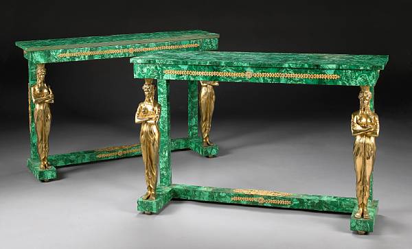 Appraisal: A pair of Empire style gilt bronze mounted malachite veneered