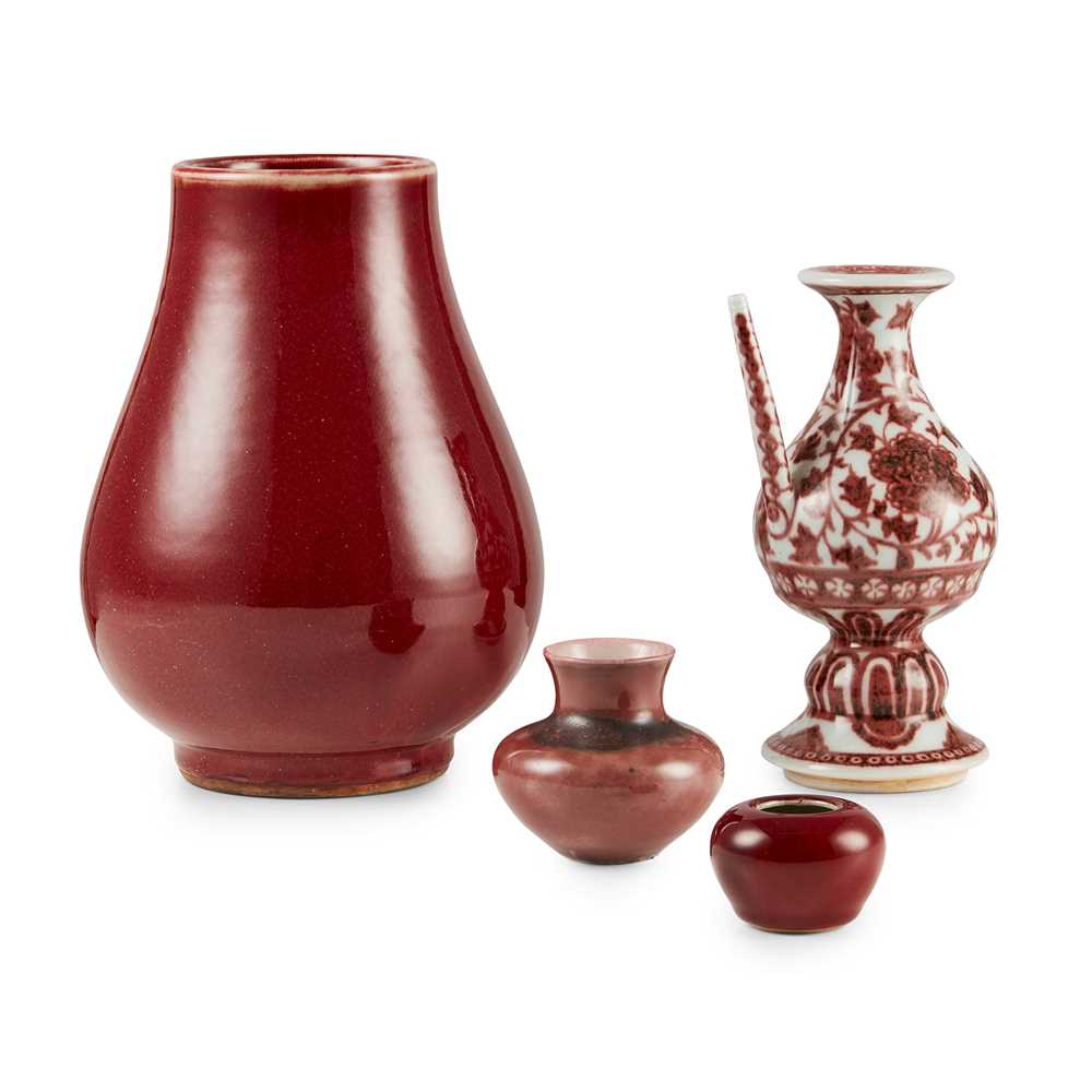 Appraisal: GROUP OF FOUR RED-GLAZED PORCELAIN WARES comprising a small water