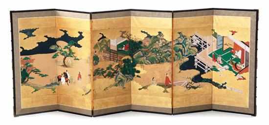 Appraisal: Oriental painted six-panel folding screen late th century extensive scenic