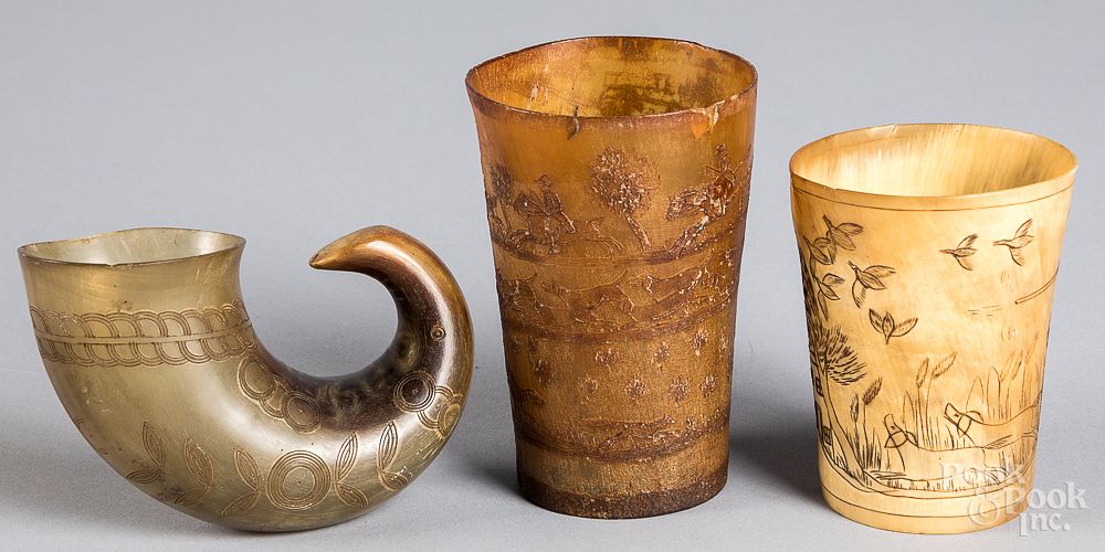 Appraisal: Two carved horn cups th th c Two carved horn