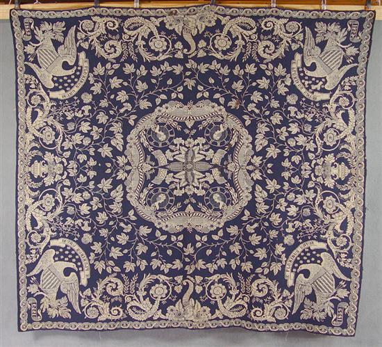 Appraisal: Blue White Wool Linen Coverlet Central design with liberty heads