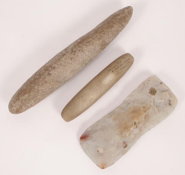 Appraisal: Lot of artifacts flint celt small roller and quartz tube