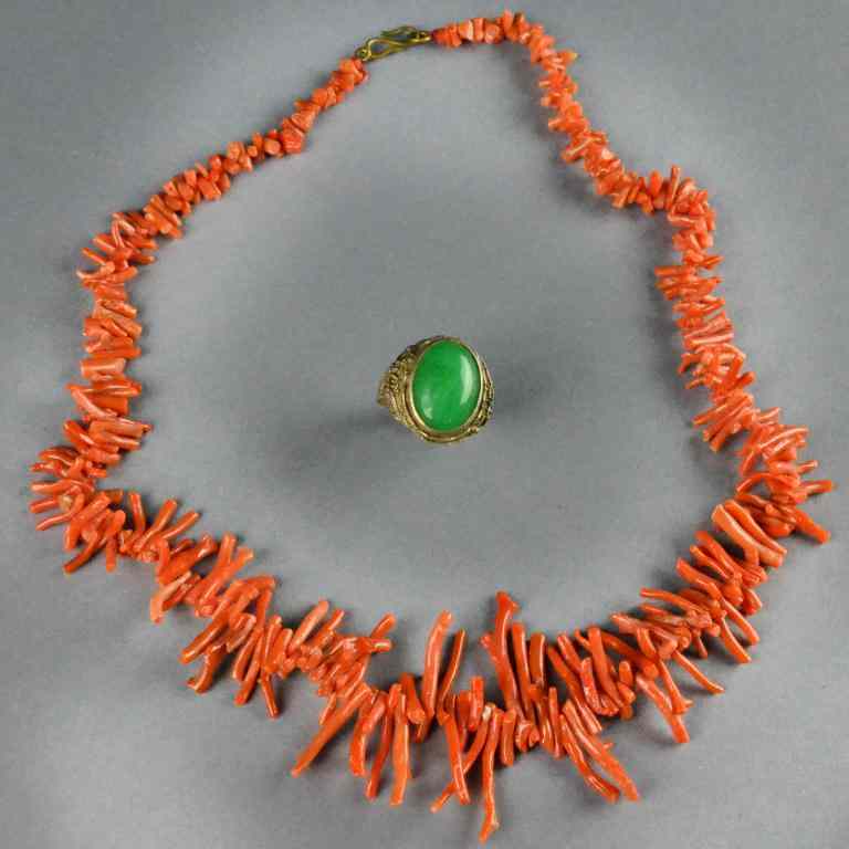 Appraisal: Pieces Chinese Jade Corral JewelryTo include a corral necklace hung