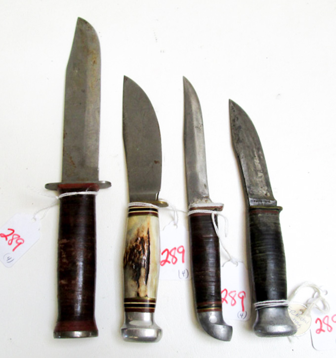 Appraisal: FOUR COLLECTABLE FIXED BLADE KNIVES Marbles skinning knife curved blade