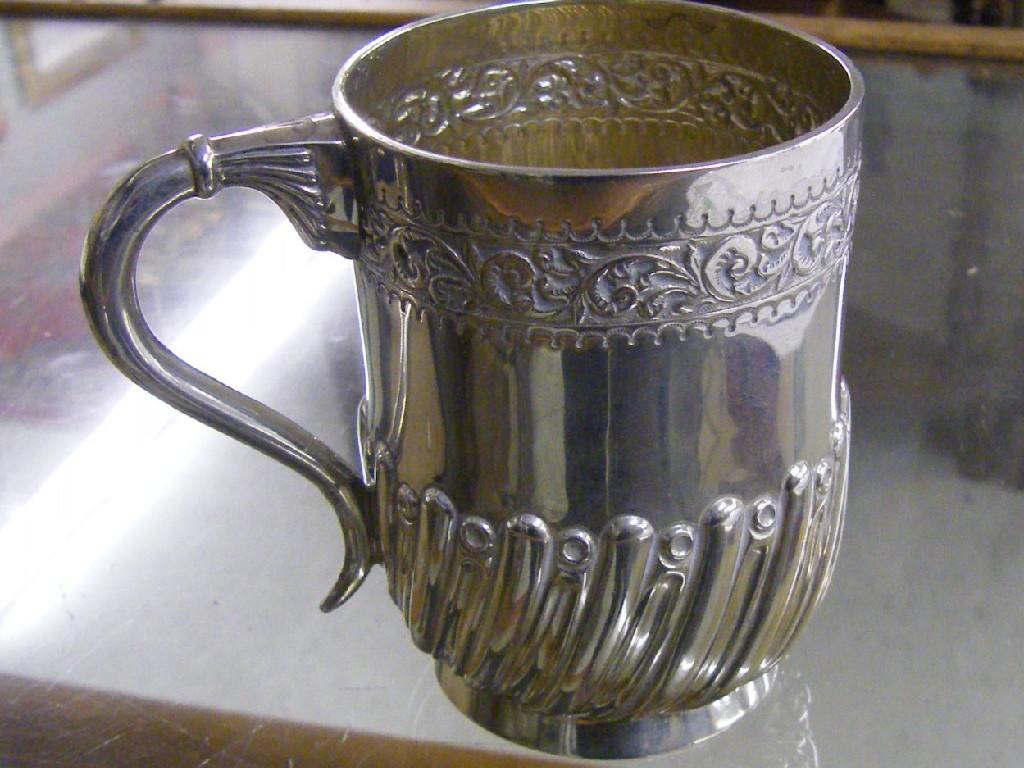 Appraisal: Edwardian silver half gadrooned christening mug with engraved floral band