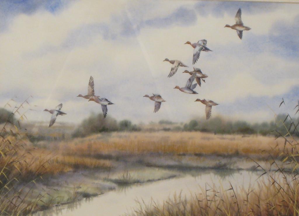 Appraisal: SIMON J TRINDER Geese flying over Marshes signed watercolour x