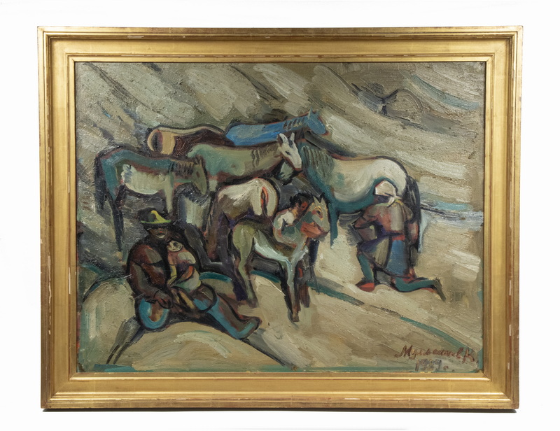 Appraisal: RUSSIAN SOCIALIST PAINTING SIGNED IN CYRILLIC DATED Tending the Horses