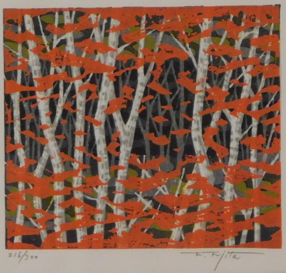 Appraisal: ASIAN FUMIO FUJITA JAPANESE B AUTUMN WOODBLOCK PRINT STYLIZED FOREST