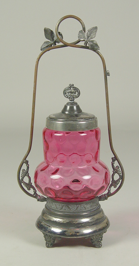 Appraisal: Victorian Pickle Caster Circa Cranberry glass with silverplate x