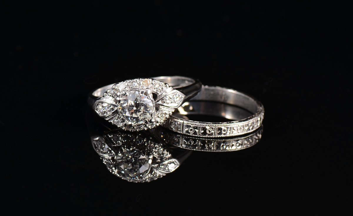 Appraisal: PLATINUM DIAMOND RING AND BAND Retro Deco diamond ring with