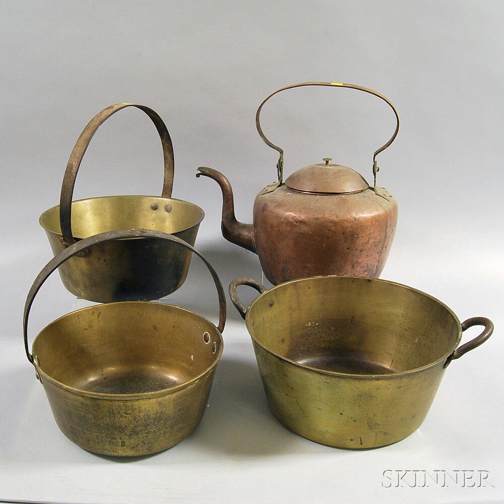 Appraisal: Three Large Brass Pans and a Copper Tea Kettle ht