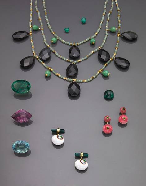 Appraisal: Rainbow Obsidian and Multi-gem Necklace Designed as a three-row bib