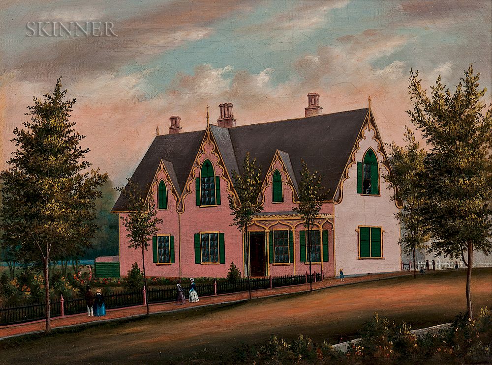 Appraisal: American School th Century View of Sunnyside Pink House with