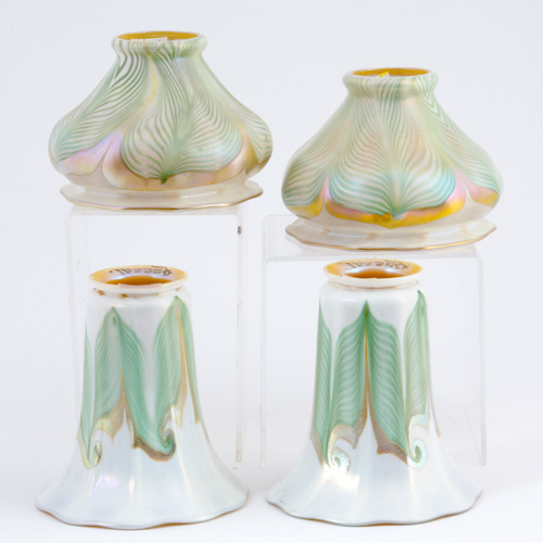 Appraisal: QUEZAL Two pairs of art glass shades in green pulled