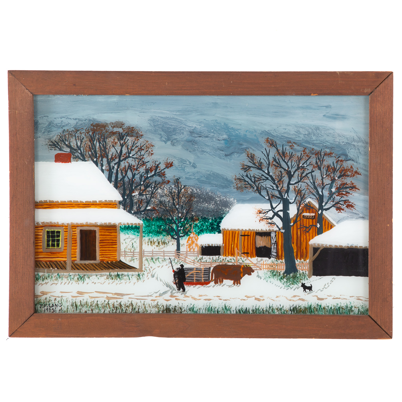 Appraisal: JOHN F LONG FARM SCENE REVERSE GLASS PAINTING American -