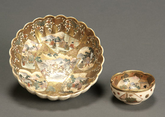 Appraisal: Japanese Earthenware 'Chrysanthemum' Pictorial Bowl and a Cinquefoil Sake Cup