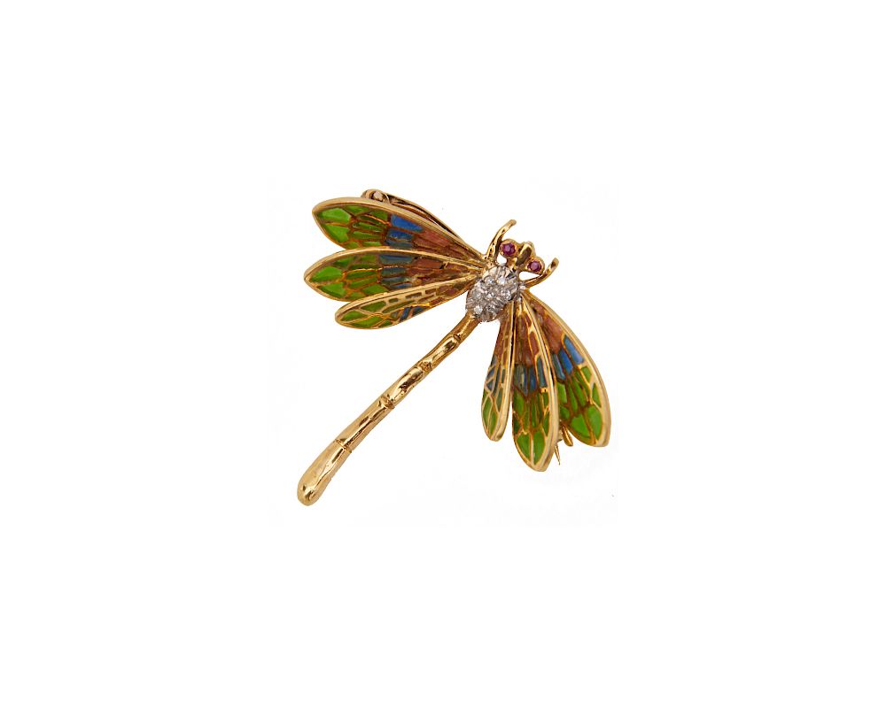 Appraisal: TIFFANY CO K Gold Enamel Diamond and Ruby Dragonfly Brooch