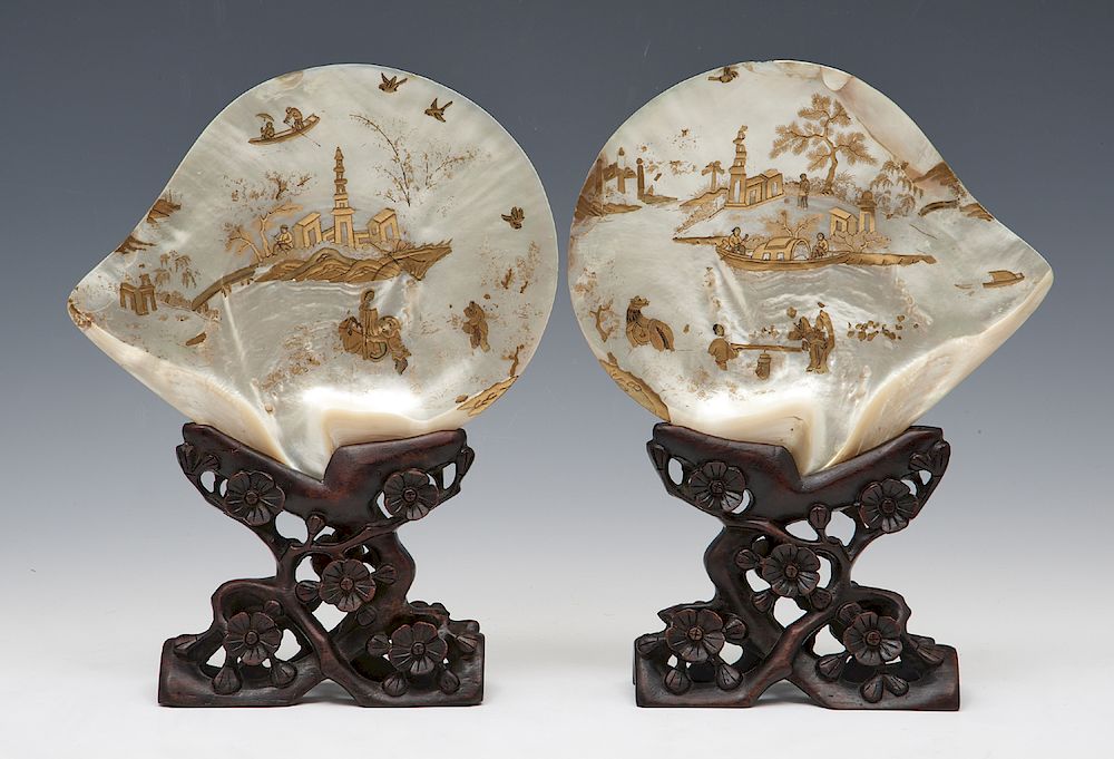 Appraisal: Pair of Chinese late Qing Dynasty painted shells on stands