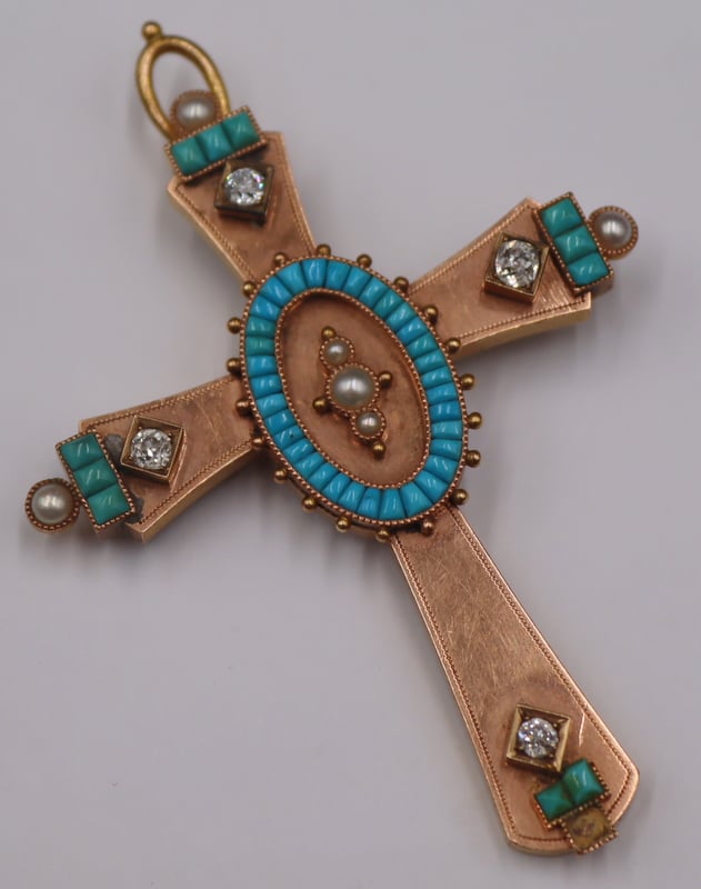 Appraisal: JEWELRY KT GOLD DIAMOND TURQUOISE AND PEARL Cross Pendant or