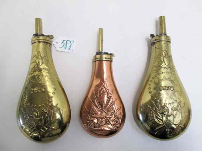 Appraisal: THREE POWDER FLASKS two are Zouave rifle pattern also known