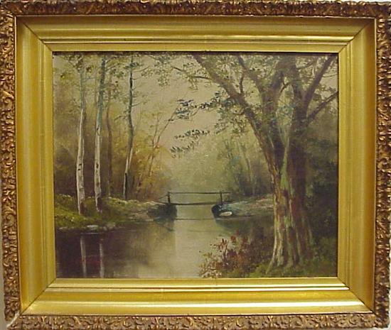 Appraisal: C T Mitchell oil on canvas landscape bridge over stream