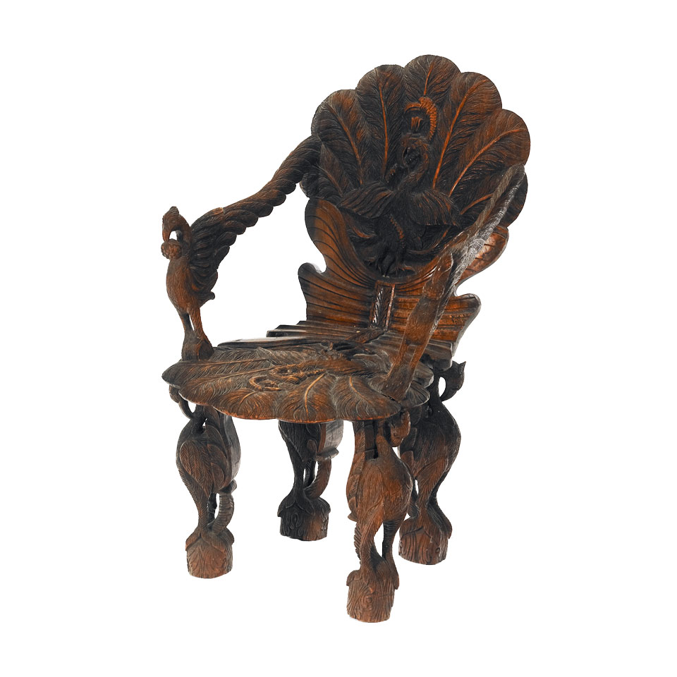 Appraisal: Eastern Carved Wood Bird Motif Open Arm Chair th century