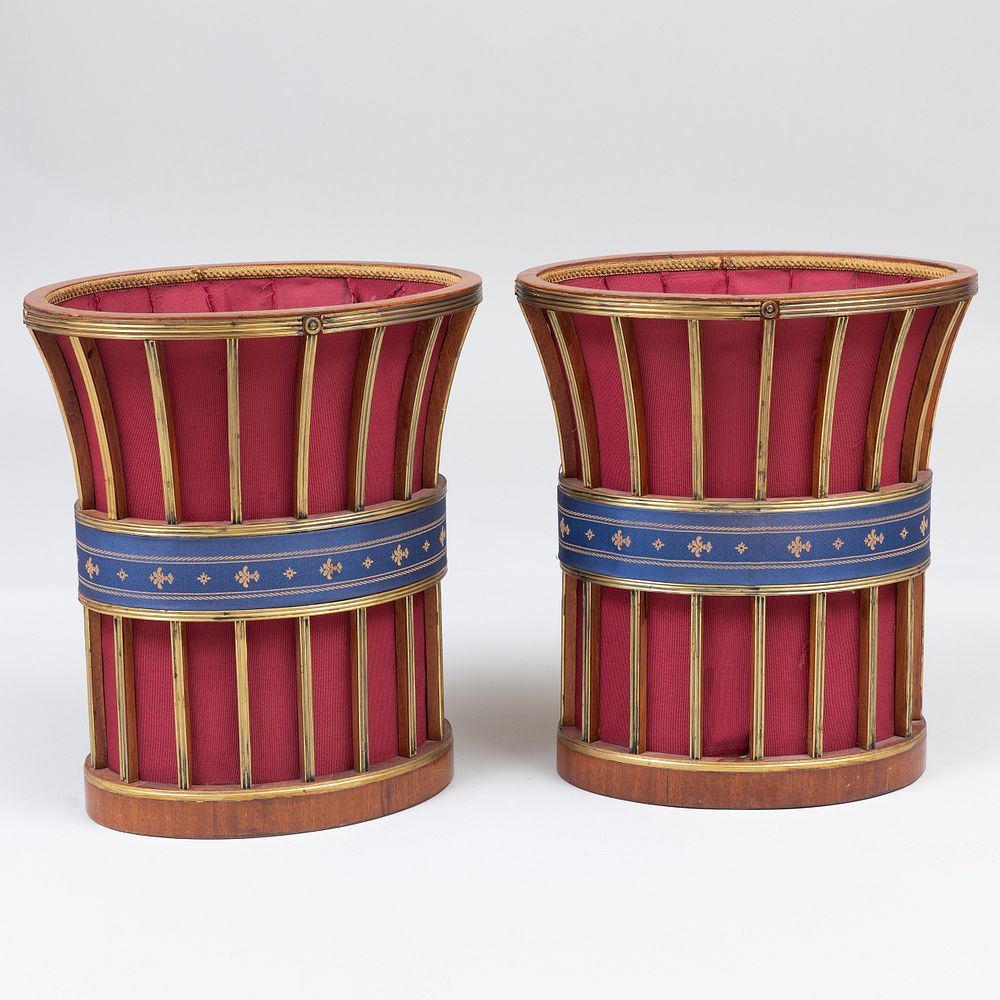 Appraisal: Pair of Russian Neoclassical Style Brass-Mounted Fabric Baskets x x