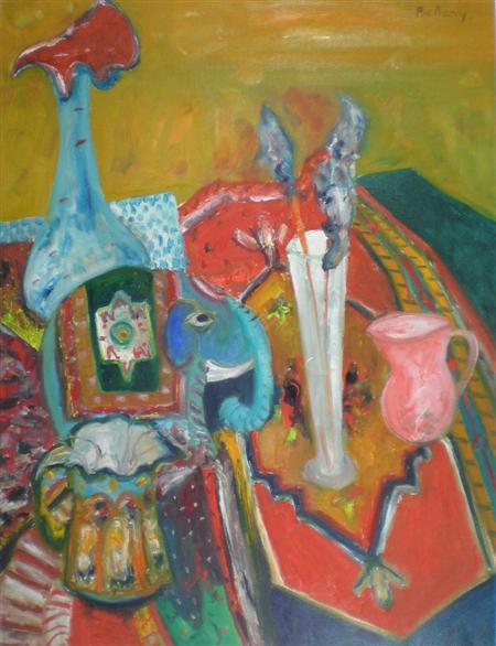 Appraisal: JOHN BELLANY SCOTTISH B STILL LIFE WITH ELEPHANT Signed oil