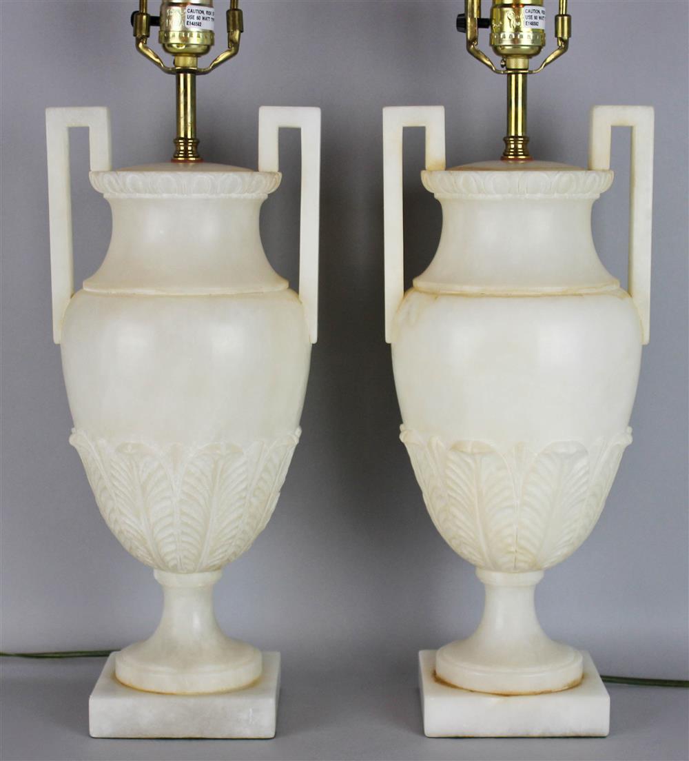 Appraisal: PAIR OF CARVED ALABASTER URN LAMPS classical urn shape with