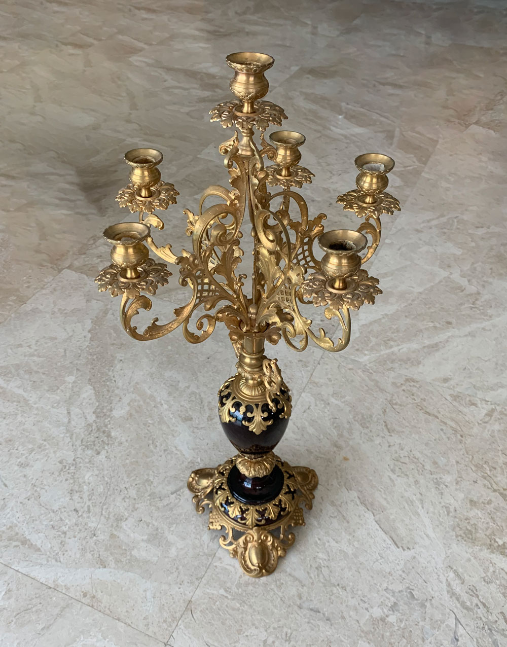 Appraisal: LIGHT CANDELABRA Dark brown porcelain candelabra having an overall scrolling