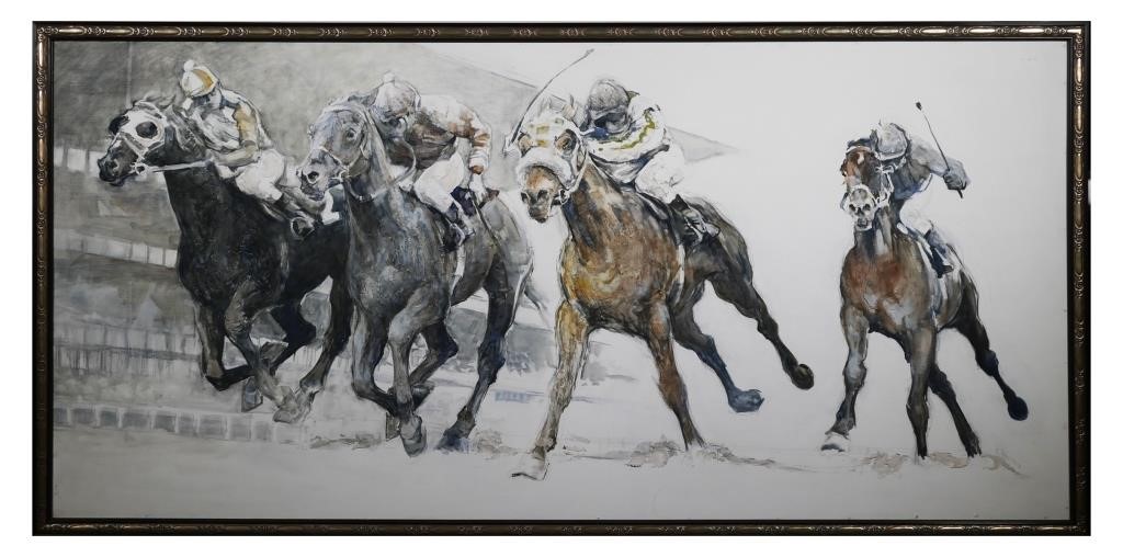 Appraisal: S Herman American th Oil on Canvas Racehorses Circa s