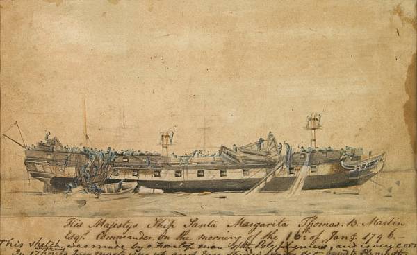 Appraisal: A hand colored sketch of the HMS Santa Margarita circa