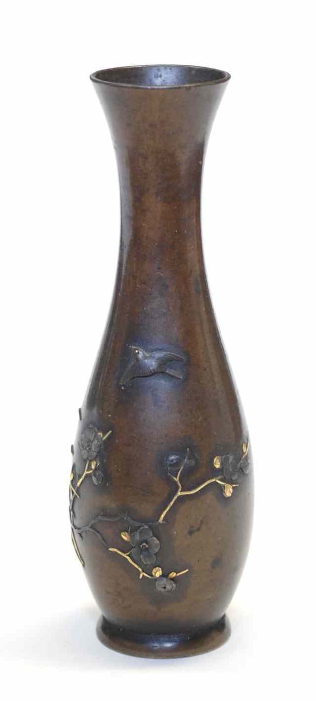 Appraisal: JAPANESE BRONZE BUD VASE overlaid with gold and other metals