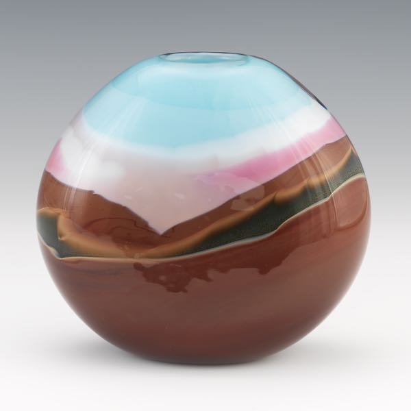 Appraisal: VINTAGE ART GLASS LANDSCAPE FAUX SAND MULTICOLOR VASE x x