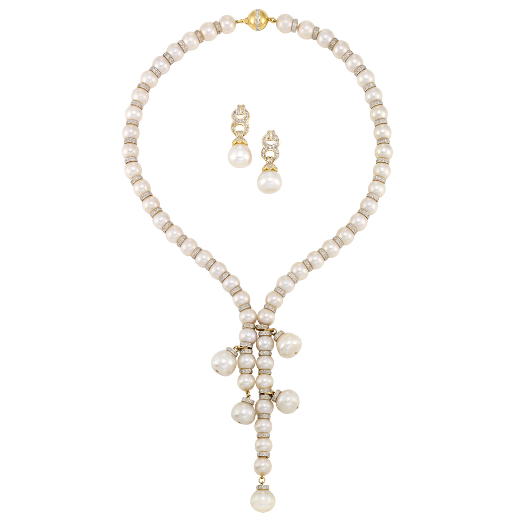 Appraisal: Two-Color Gold Cultured Pearl and Diamond Lariat Necklace and Pair